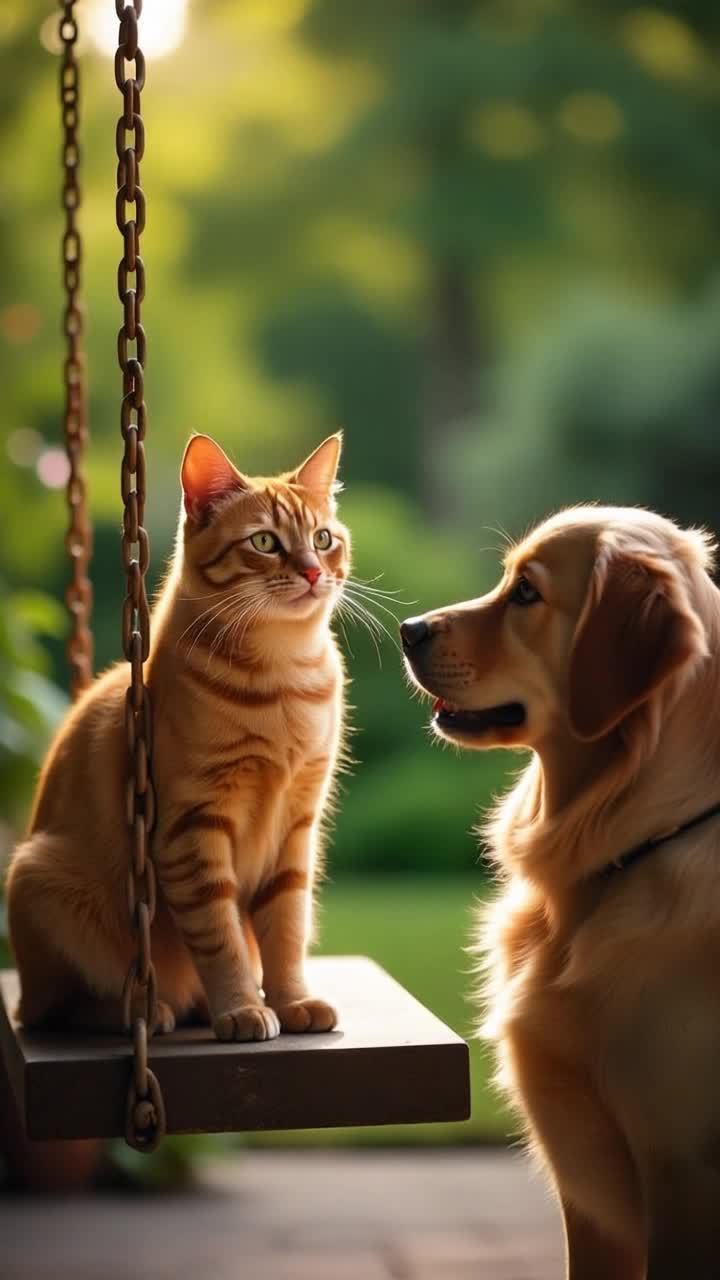 一只橙色虎斑猫坐在一个木制秋千上，秋千通过铁链悬挂