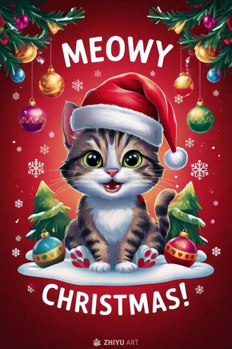 一只卡通猫戴着鲜红色的圣诞帽，周围环绕着彩色的节日
