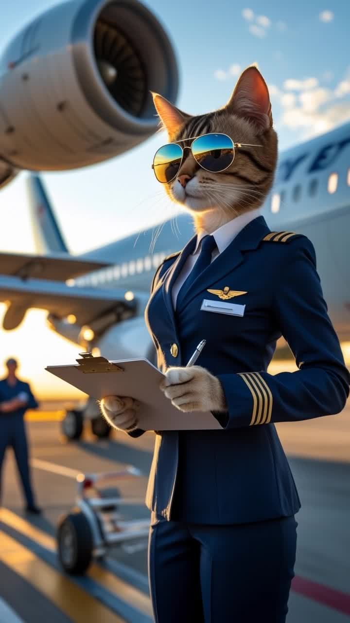 一只穿着深蓝色制服，戴着飞行员墨镜的猫，站在停机坪