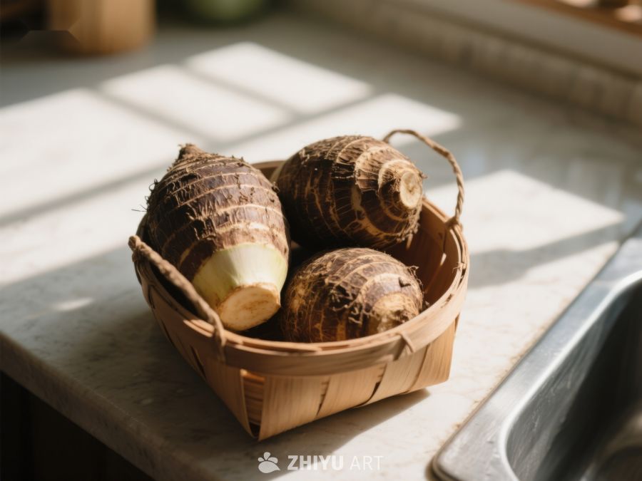 篮子里的芋头置于厨房台面 219