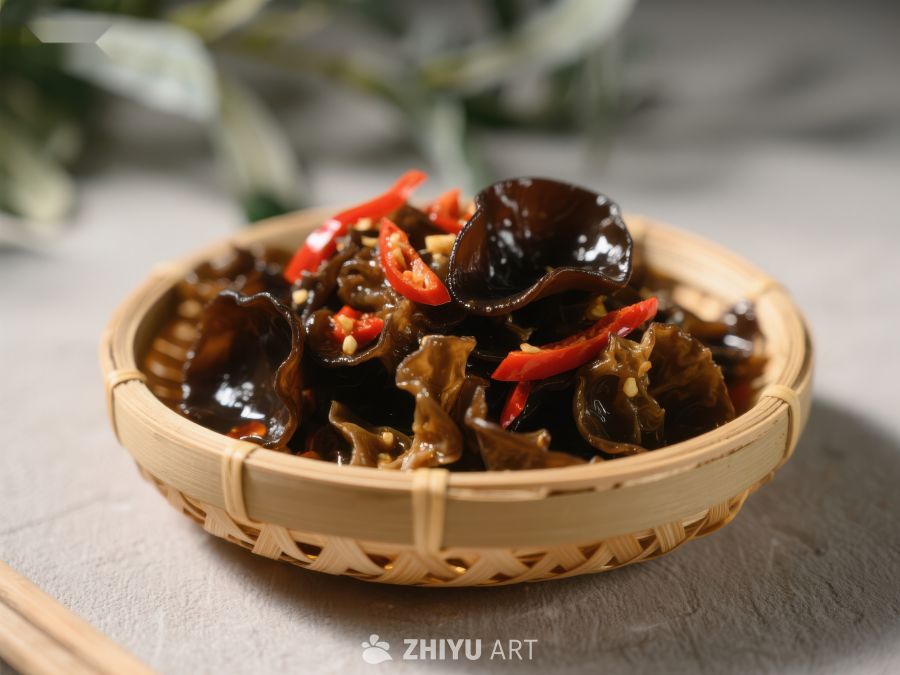 凉拌木耳配红椒，竹篮盛装 865