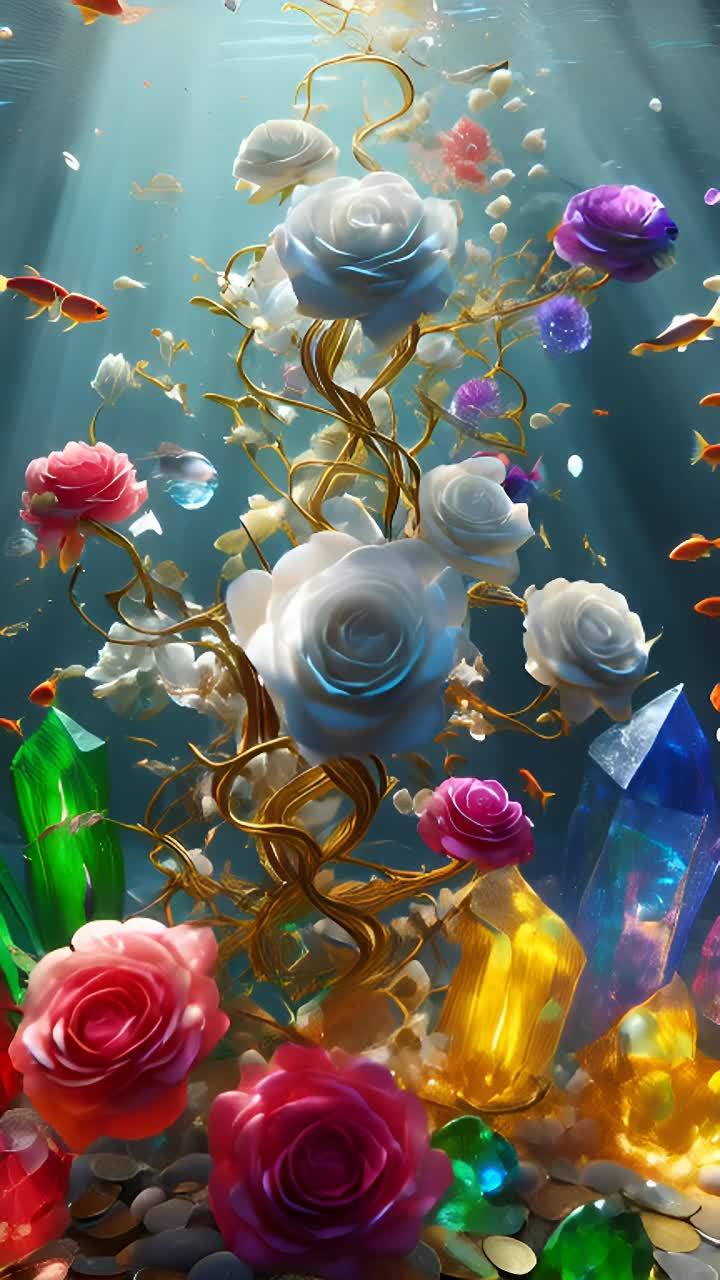 水下森林绽放着粉红色和白色的花朵，其间点缀着闪闪发光的宝石。硬币躺在森林地面上，部分被水遮盖。各种大小和颜色的鱼群在水里游动。一束温暖的金色光线过滤下来，投射出动态的阴影。摄像机缓缓横扫这个生机勃勃的场景，捕捉鱼的流畅移动和花朵细微的摇曳。