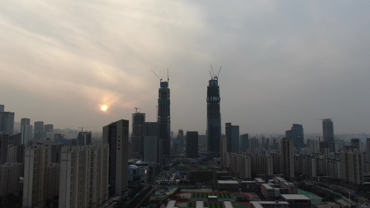 航拍山东济南城市日落晚霞