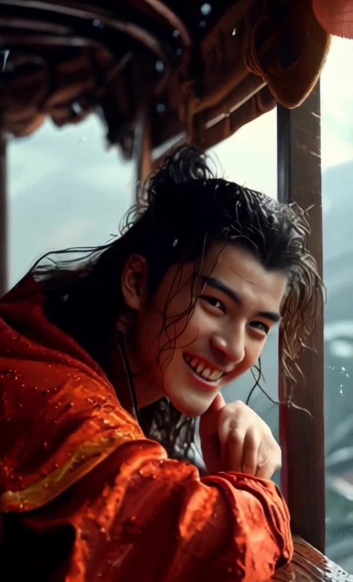 一位年轻男子站在窗边，他梳着高高的发髻，一些散落的