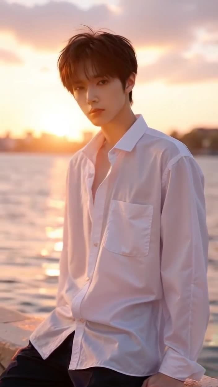 夕阳下水边的白衬衫青年凝视