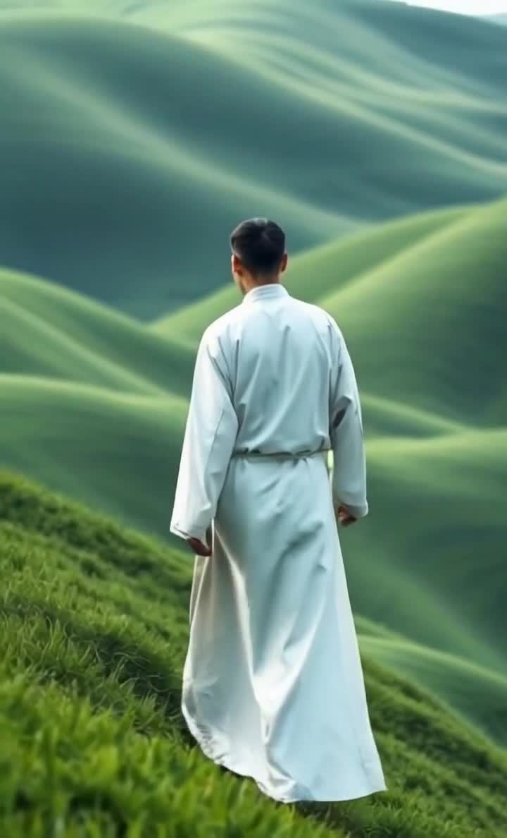 白袍身影行走于绿色的山丘之上，意境深远。