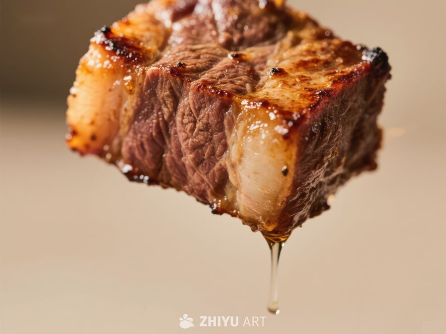 煎烤牛肉块，油脂滴落