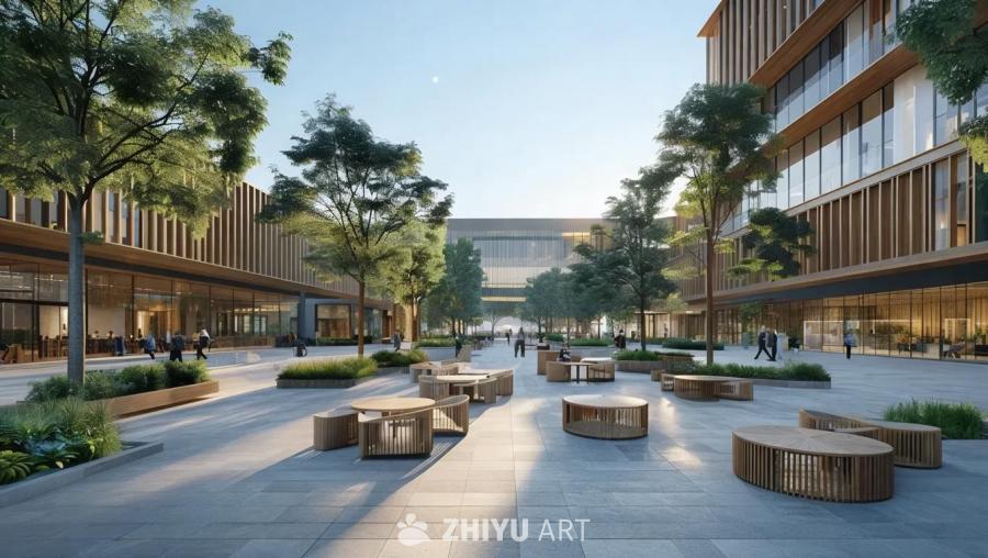 现代化的广场上，有城市家具和用于不同活动的开放空间