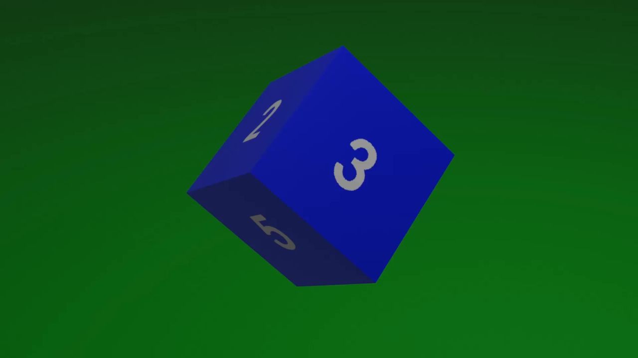无限循环蓝色骰子旋转动画绿屏抠像，色子摆件无缝转动绿幕背景固定镜头。