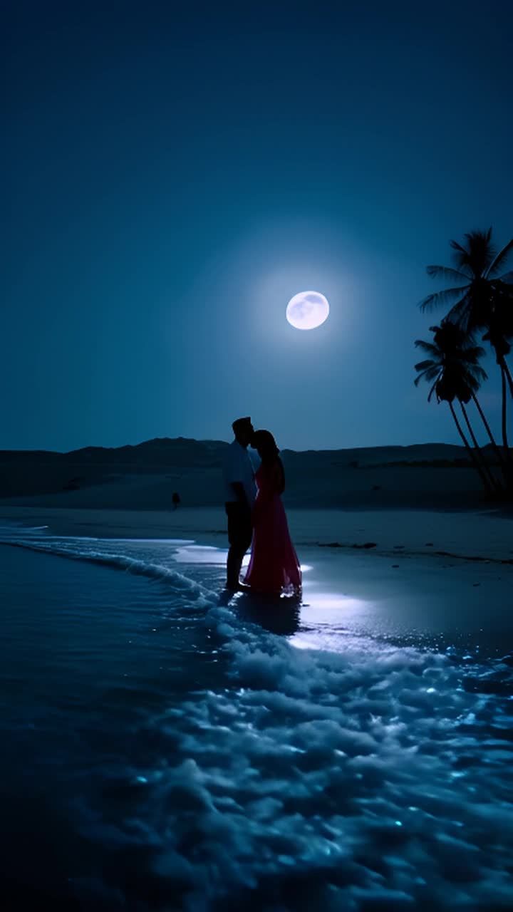 满月夜下，海浪翻涌，一对情侣在海边。男子穿着浅色衬