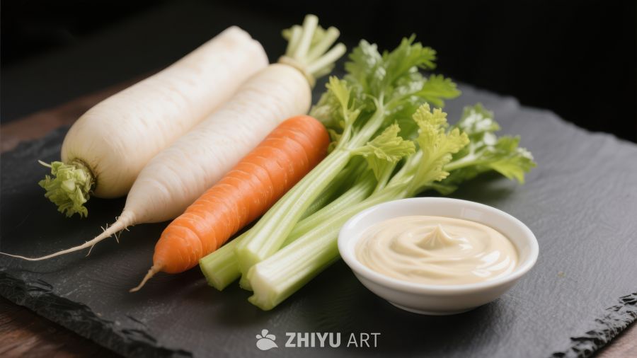 新鲜蔬菜与蘸酱的组合
