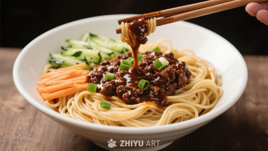 筷子夹起酱香浓郁的面条
