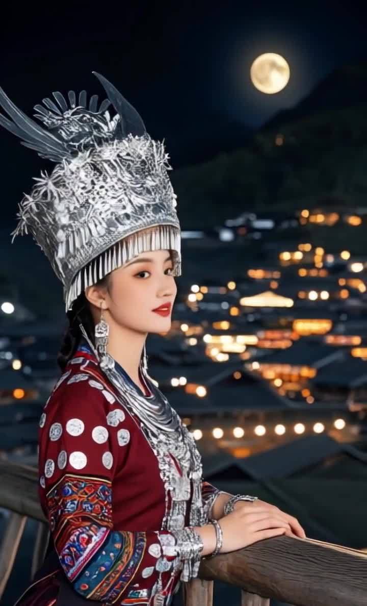 一位身着民族服饰的女性站在夜景前。她戴着一个精致的