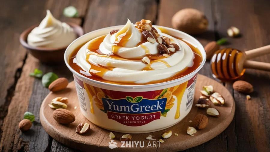 光滑细腻的 YumGreek 希腊酸奶的特写镜头，