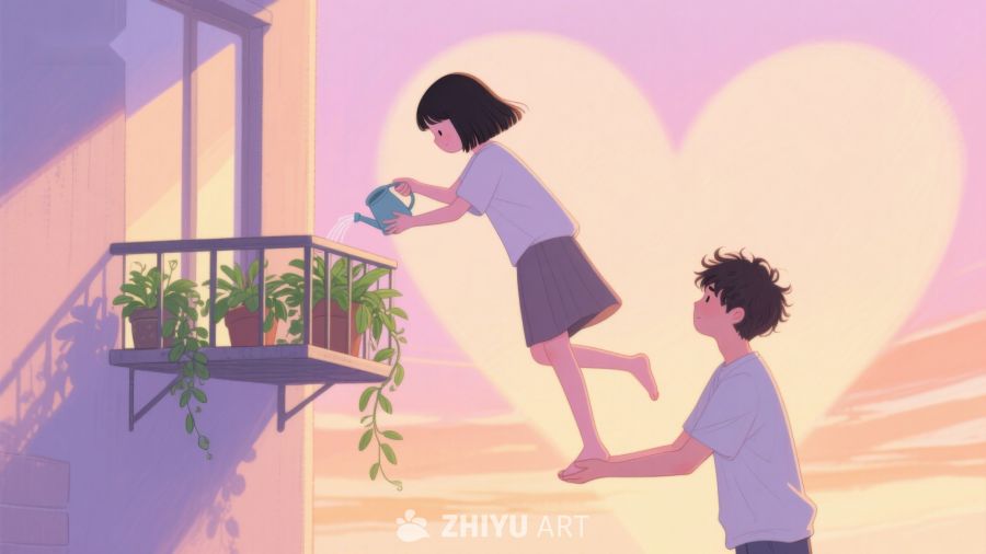 男孩托举女孩浇花温馨场景 239