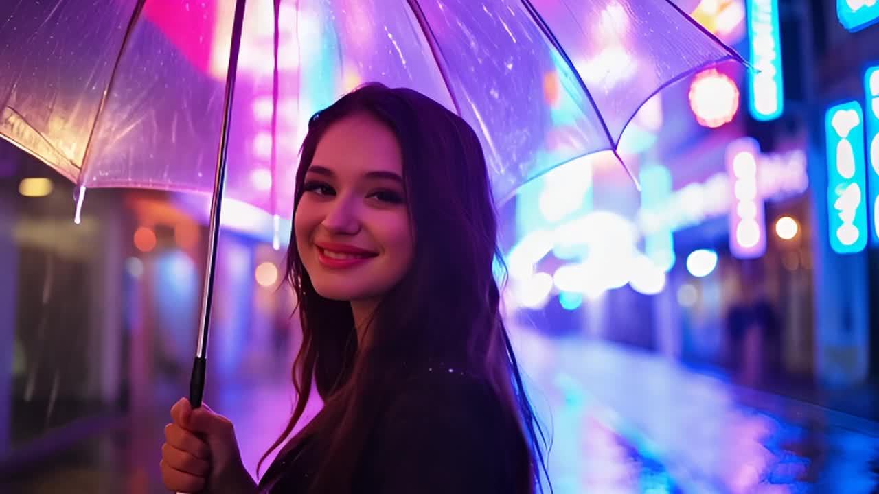一位年轻女子在夜间走过一个充满活力的城市，霓虹灯发