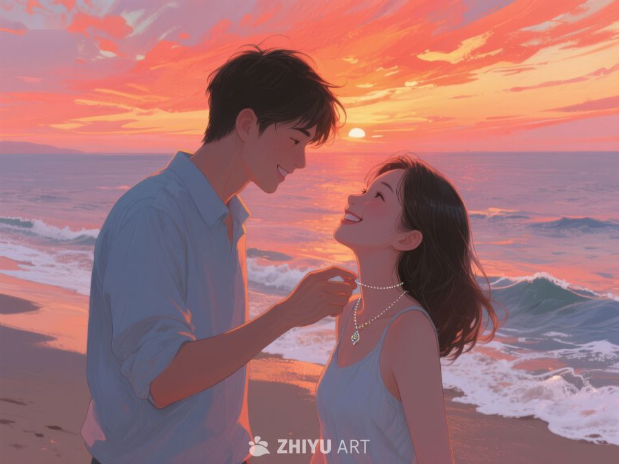 海边日落下的情侣温馨互动 257