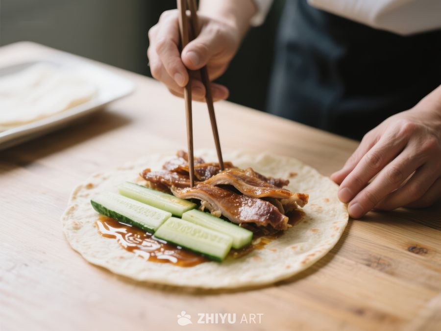 使用筷子夹取烤鸭制作卷饼 1072