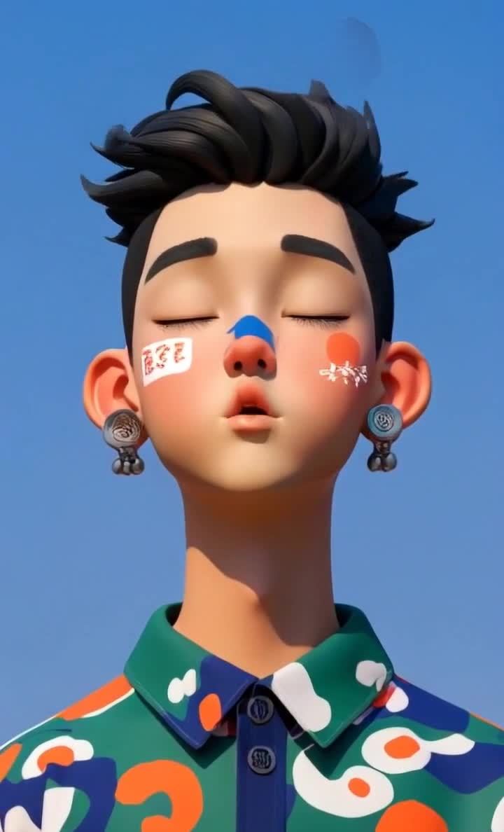 卡通风闭眼人物头像，蓝天背景，风格时尚。