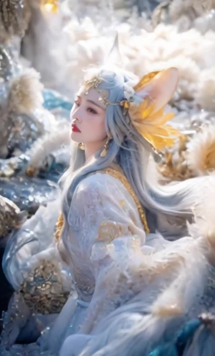 银发狐耳少女怀抱蓝球，羽饰华服唯美图