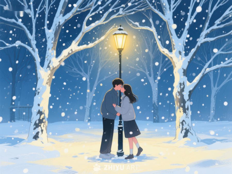 冬夜雪景下的情侣亲吻 189