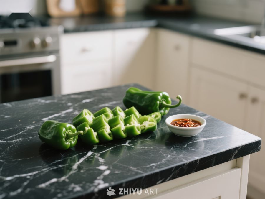 厨房台面上的青椒与调料 111