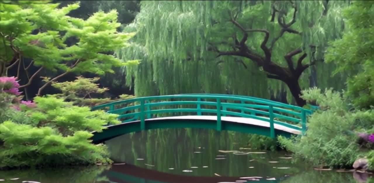 翠绿的树木和植被点缀在岸边，平静的湖面上倒映着周围