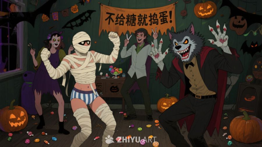 万圣节派对上的欢乐角色