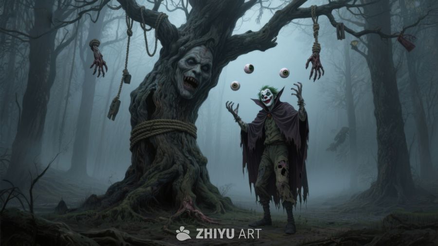 幽暗森林中的恐怖树与小丑