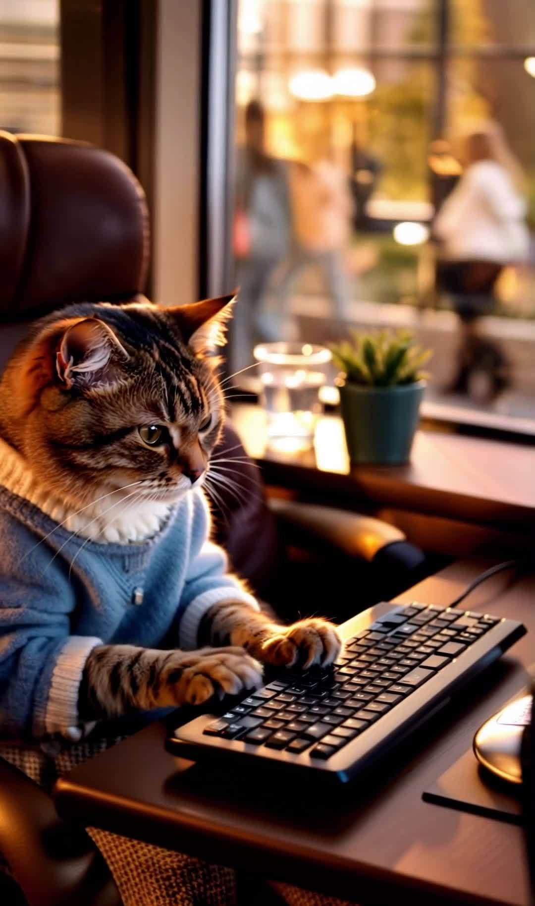 傍晚时分，一只毛茸茸的褐色花纹猫坐在办公室靠窗的座