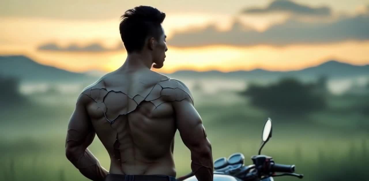 一名健壮的男子背对着镜头，站在一辆摩托车旁边。他的