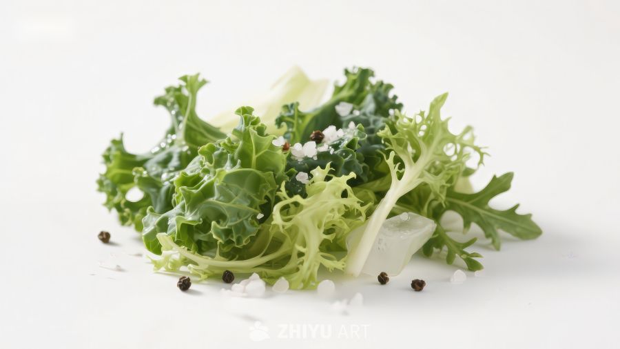 新鲜绿叶蔬菜与调料特写