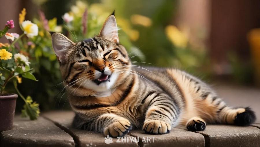 一只虎斑猫躺在木质表面上，眼睛闭着，嘴巴张开，露出