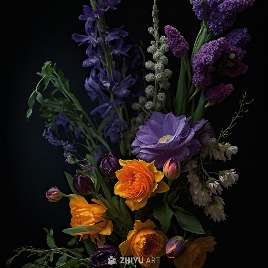 花瓶里摆放着一束精美的鲜花，展现出多种颜色和纹理。