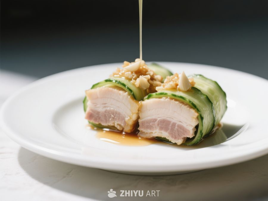 精致菜肴：黄瓜包裹肉片配酱汁 448