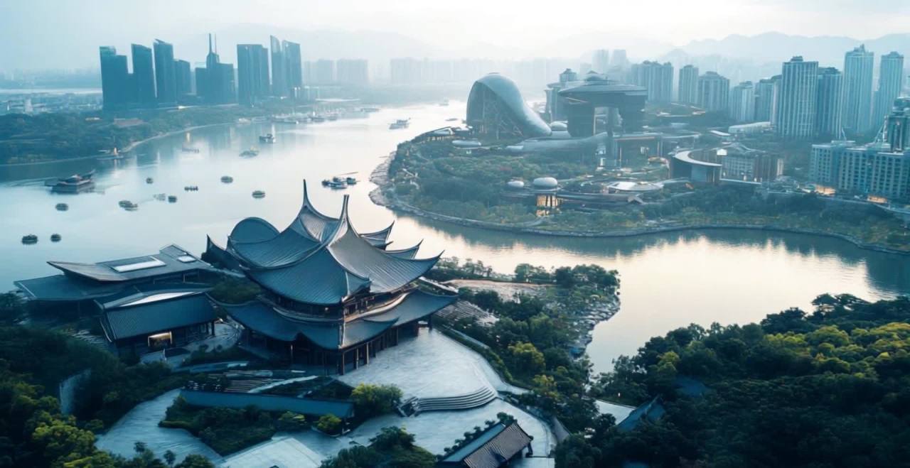 一座未来城市坐落在河畔，城市建筑风格融合了传统岭南