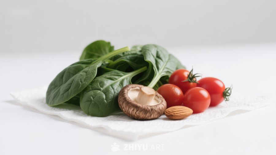 新鲜蔬菜组合：菠菜、蘑菇与樱桃番茄