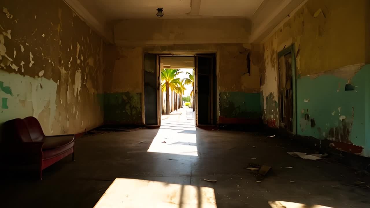 一个破旧的建筑大厅，墙壁剥落，家具破损。镜头位于入