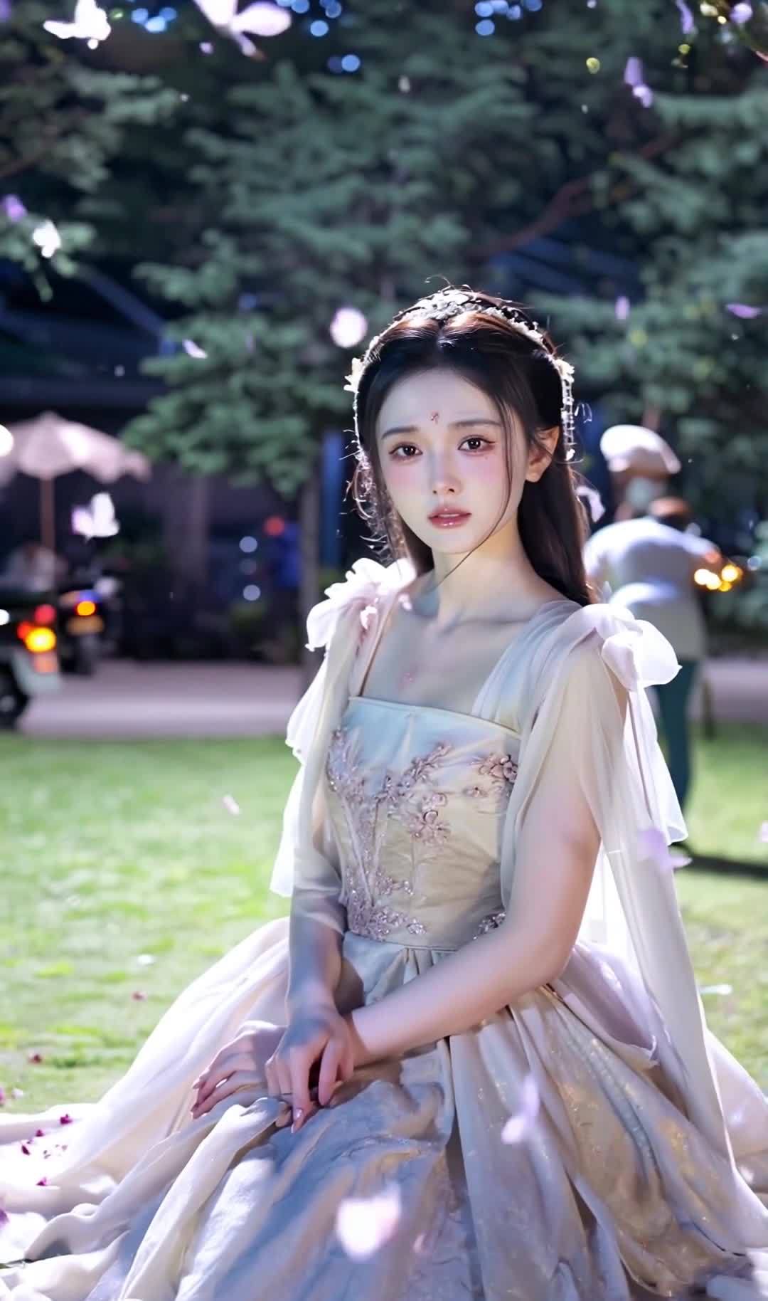 一位年轻女子位于室外花园中，背景中可见园丁和蝴蝶。