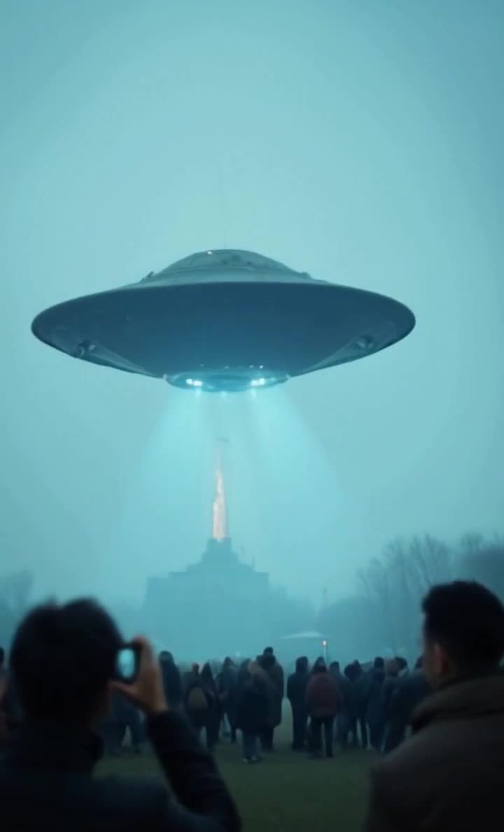 人群围观UFO光束照射纪念碑