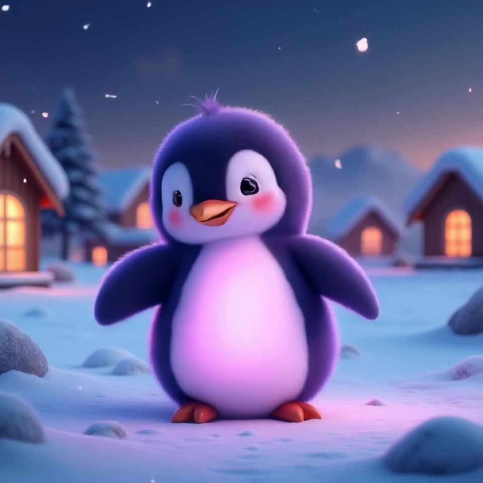 一只色彩鲜艳的卡通企鹅站立在雪景中，双臂张开。它略