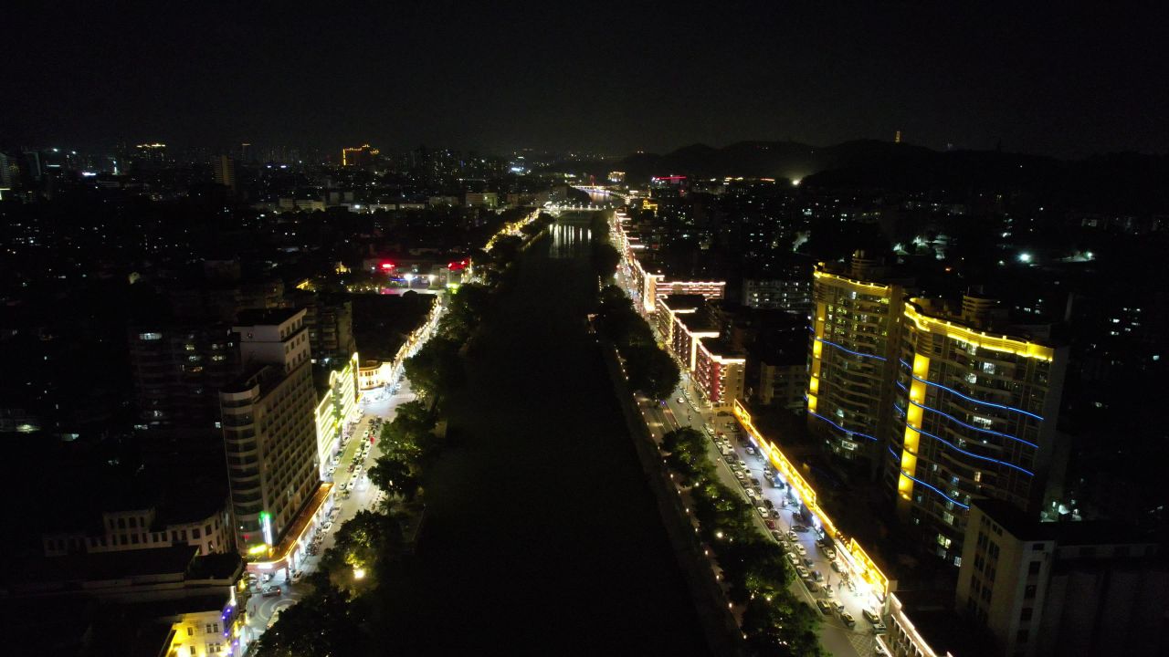 广东江门城市夜景交通航拍