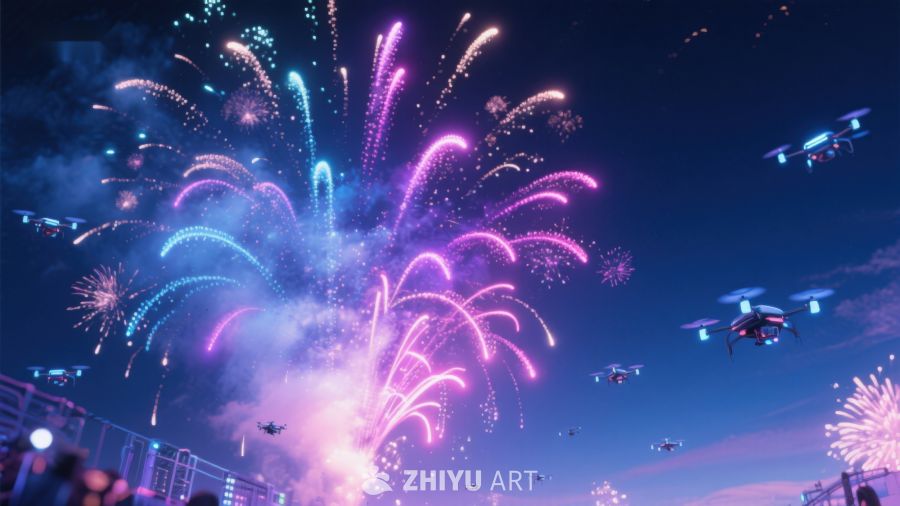 夜空烟花绽放，无人机协同表演 884