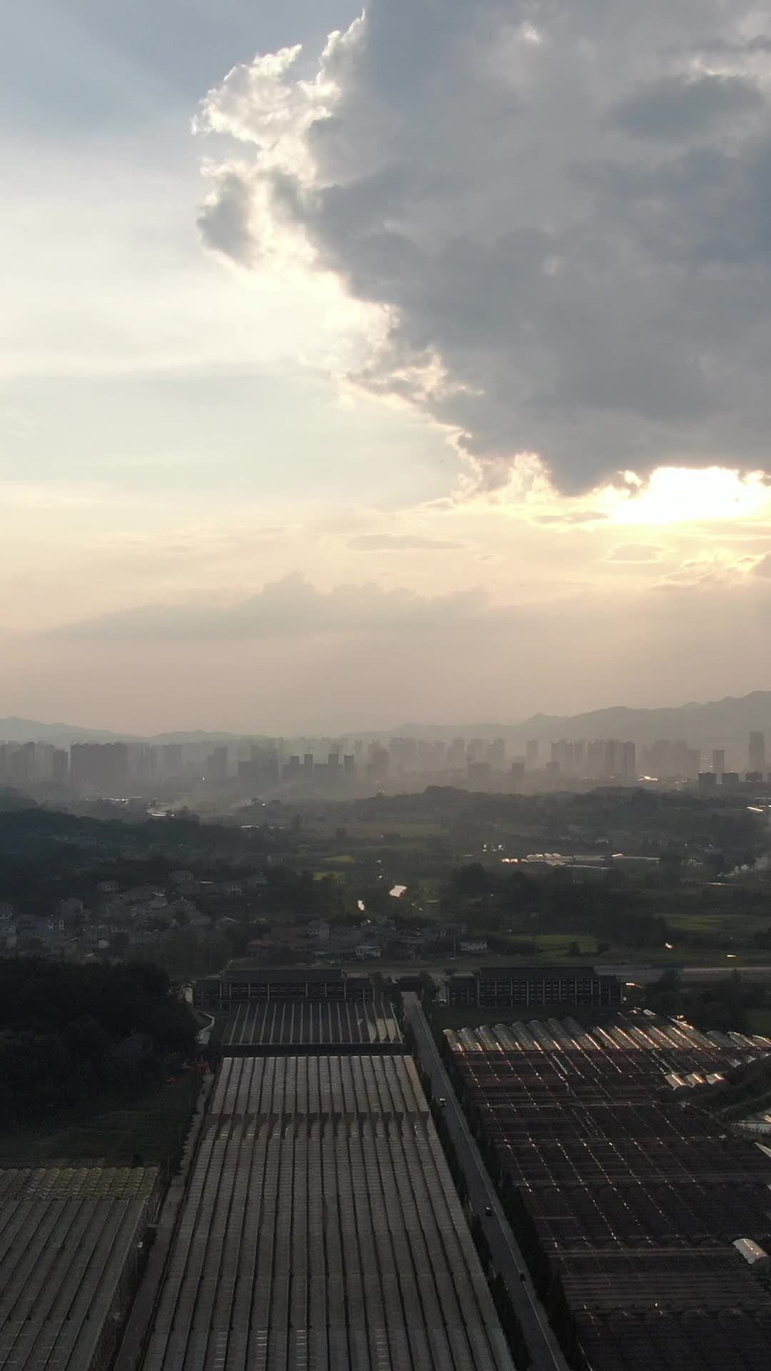 日落下的城市与温室