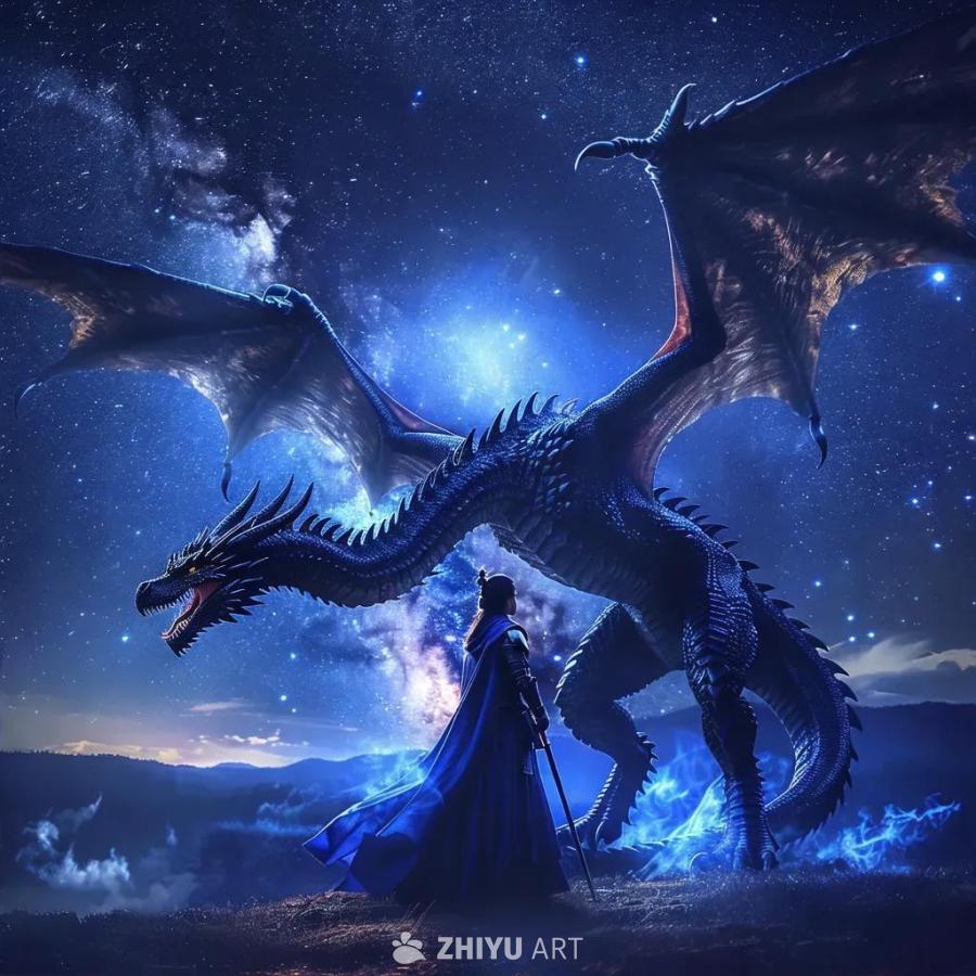 夜空中，一位驯龙师手持长杖，以剪影的形象站在一条高