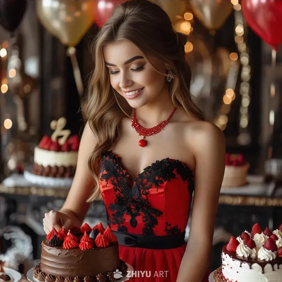 一位身穿红黑相间礼服的年轻女子站在一个生日聚会上。