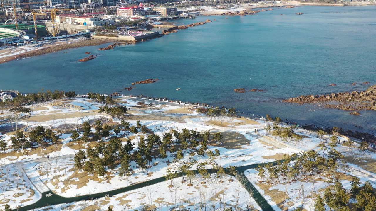 青岛小麦岛海边雪景航拍 4
