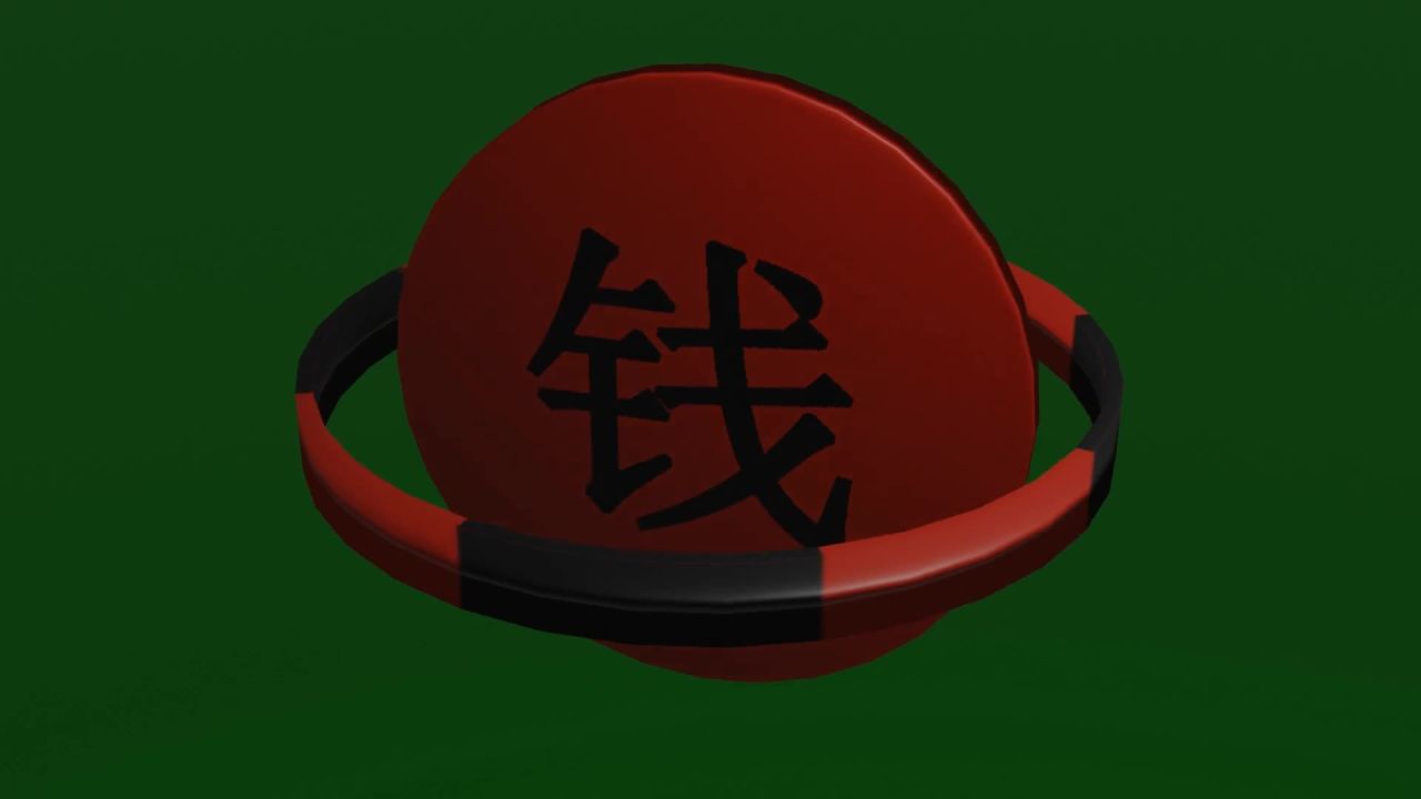 无限循环磁悬浮钱财摆件旋转动画纯绿色背景固定镜头，无缝循环悬空钱财饰品转动效果绿屏抠像合成元素