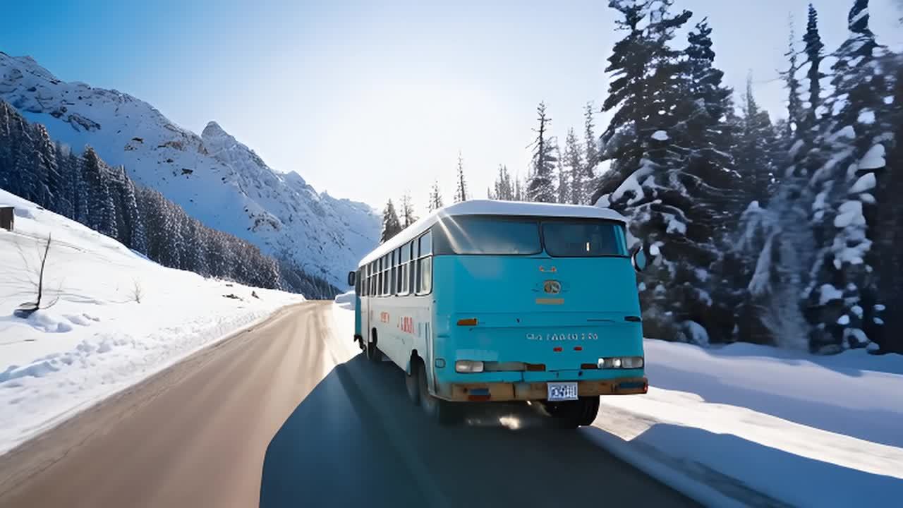 一辆浅蓝色破旧的公交车行驶在雪山间的公路上，阳光明