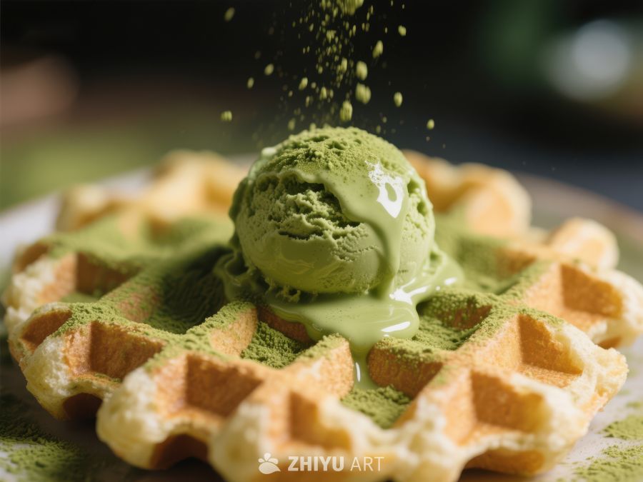 抹茶冰淇淋点缀的松脆华夫饼